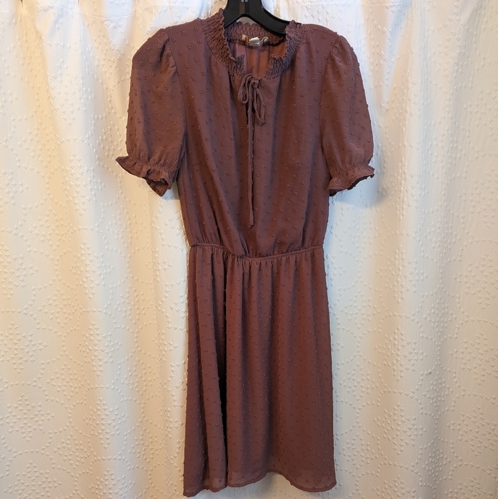 Monteau Los Angeles Mauve Swiss Dot Puff Sleeve Midi Dress Women's Small Flowy
